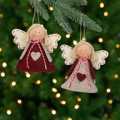 Angel Girl Hanging Christmas Ornaments - 3.5" - Burgundy and Beige - Set of 2