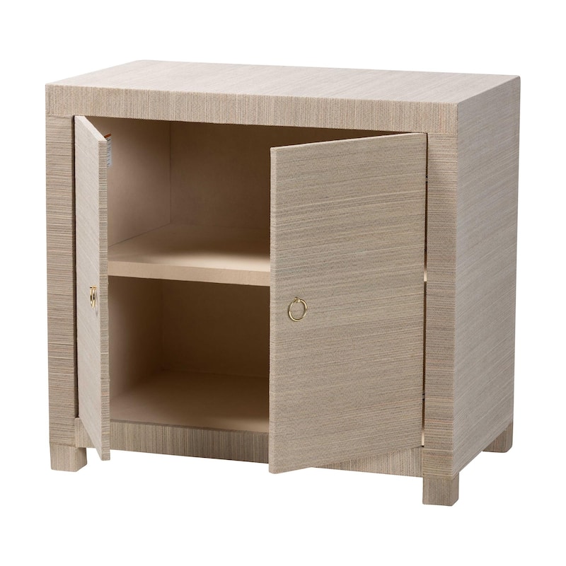 Halen Natural Grasscloth Storage Cabinet - Two-Door Console Storage Solution with Gold Ring Pulls, Modern Coastal Organizer