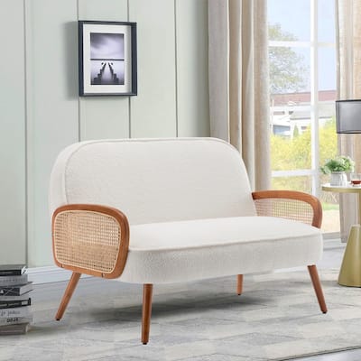 41" W Small Loveseat with Natural Rattan Arms,Upholstered Modern Mini Sofa Couch Love Seat Settee Bench with Back