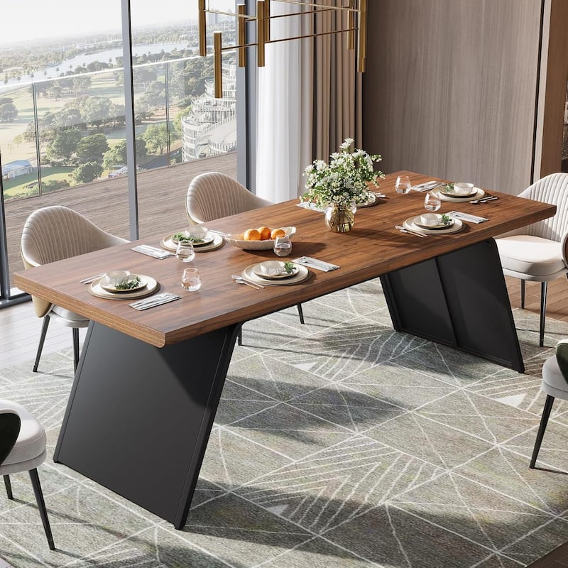 79" Long Dining Table with Walnut Wooden Top & Black Metal Base, Modern Narrow Rectangular Kitchen Table for 6 - Walnut Brown & Black