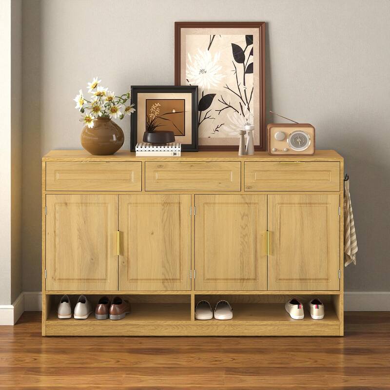 59.1" Farmhouse Sideboard Buffet with 3 Drawers, 4 Doors, Adjustable Shelf & Open Storage Compartments - Natural