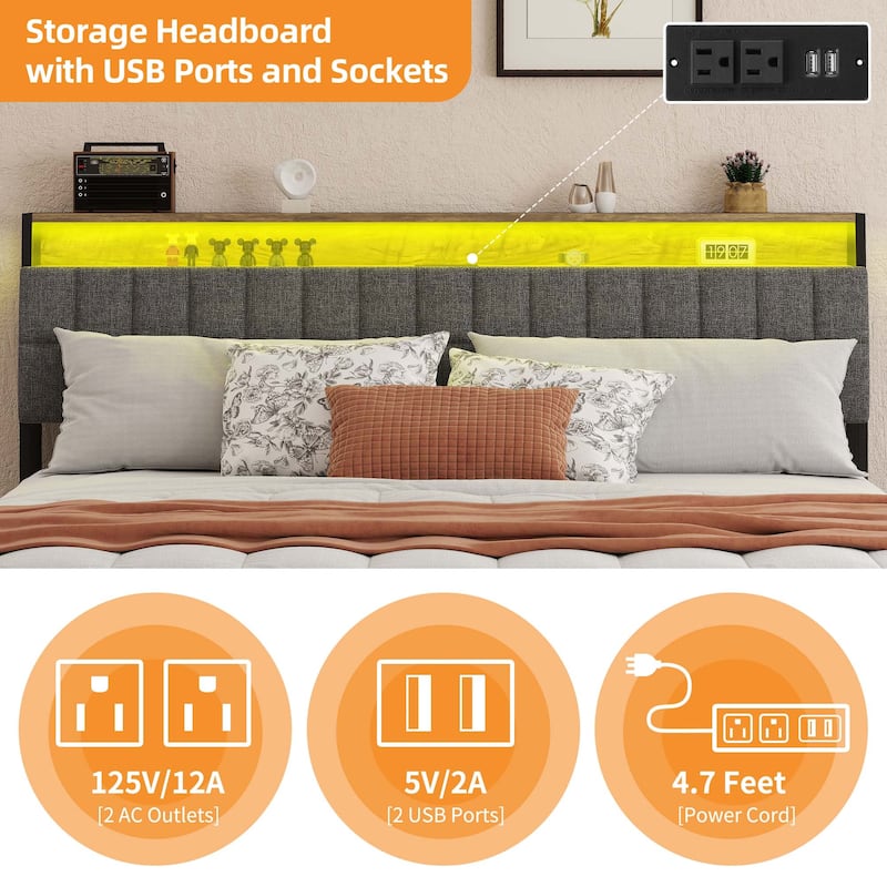 Upholstered Platform Bed with Charging Station and Storage Headboard