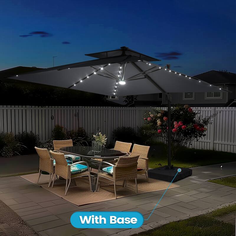 11FT Outdoor Patio Cantilever Umbrella with LED Lights Double Vented Umbrella with Base