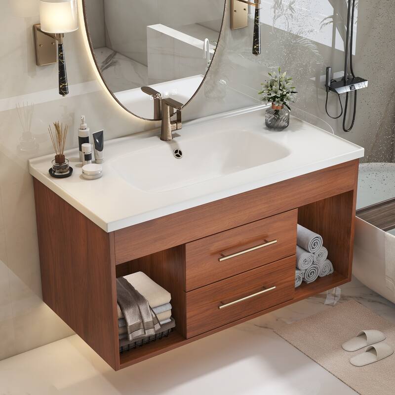 Mid-century Modern Floating Bathroom Vanity with Integrated Ceramic Undermount Sink, Wall-Mounted Single Sink Bathroom Cabinet