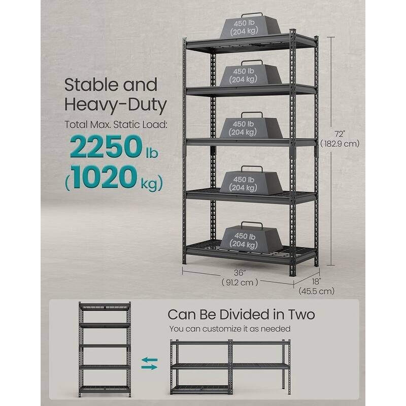 Ink-Black 5-Tier Storage Shelves, Steel Shelf, Boltless Assembly for Garage Shed
