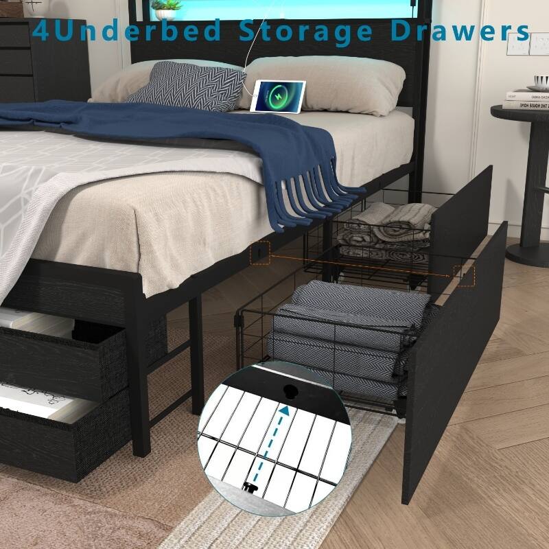 Black Platform Bed Metal Slat Support Frame with 8 Drawers, LED Headboard and Charging Station, No Box Spring Needed Storage Bed