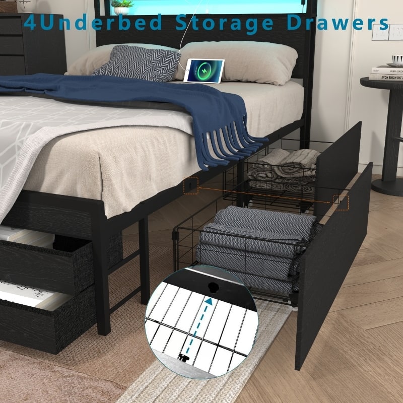 Full Size Bed Frame with 8 Storage Drawers, LED Headboard with Charging Station, Metal Platform Bed Frame, No Box Spring Needed
