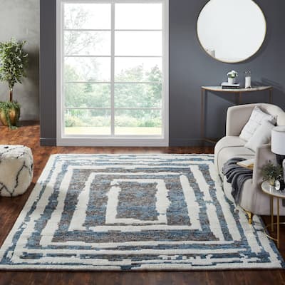 Abstract Geometric Shag Blue/Grey Area Rug