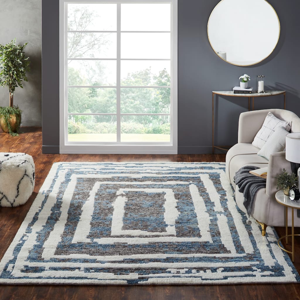 Abstract Geometric Shag Blue/Grey Area Rug