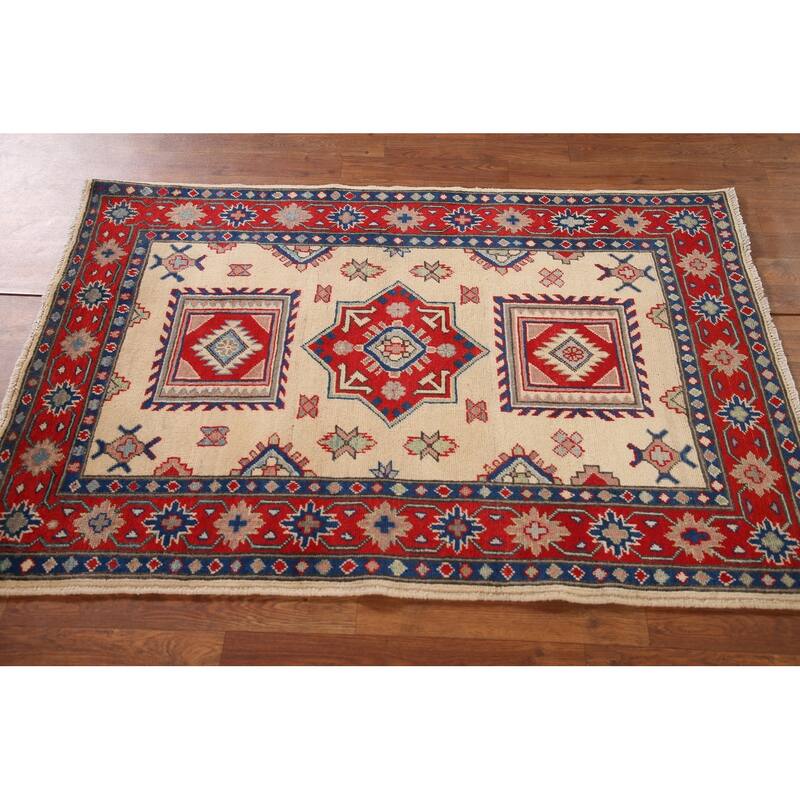 Ivory Kazak Oriental Accent Rug Hand-Knotted Foyer Wool Carpet - 3'4"x 4'9"