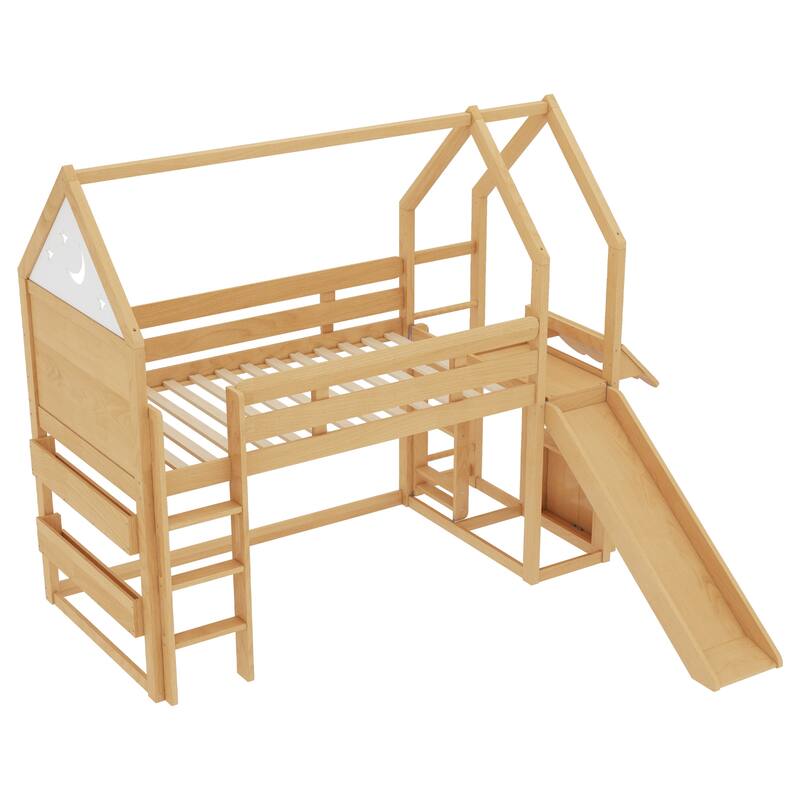 Roomfitters House Loft Bed with Slide and Bookshelf, Star Moon Roof Design