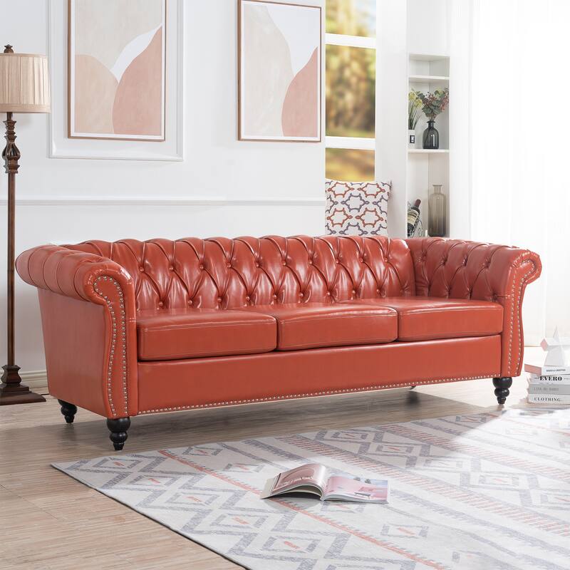 Chesterfield PU Leather 3 Seater Sofa, Button Tufted Deep Seat Sofa, Upholstered Sofa with Rolled Arms & Nailhead Trim - Orange