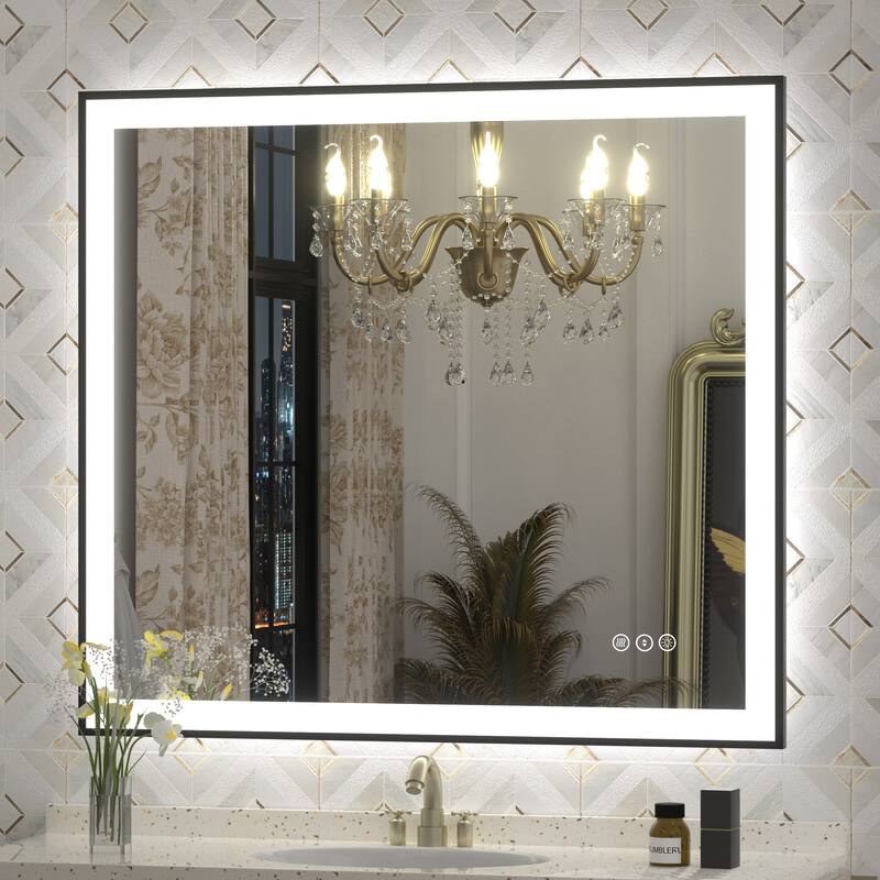 Front & Back LED Anti-Fog Tempered Glass Framed Bathroom/Vanity Mirror 3-Year Warranty - 40" x 36"-Square Corner - Black