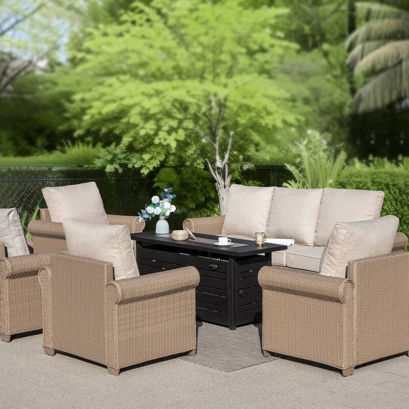 MAISON ARTS Outdoor Patio Luxury Wicker Conversation Fire Pit Set with Curved Armrests with Cushions Gray 8 Pieces