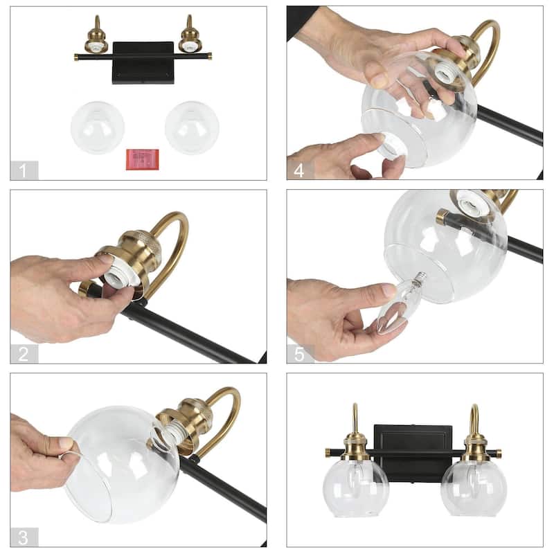 Modern 2-Light Black Gold Bathroom Vanity Lights Globe Glass Wall Sconce - 14.5" L x 7" W x 9" H