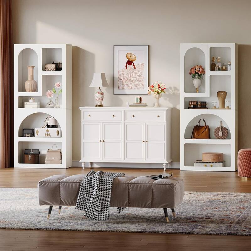 70 Inches Tall White Arched Bookcase with 5 Irregular Storage Shelves