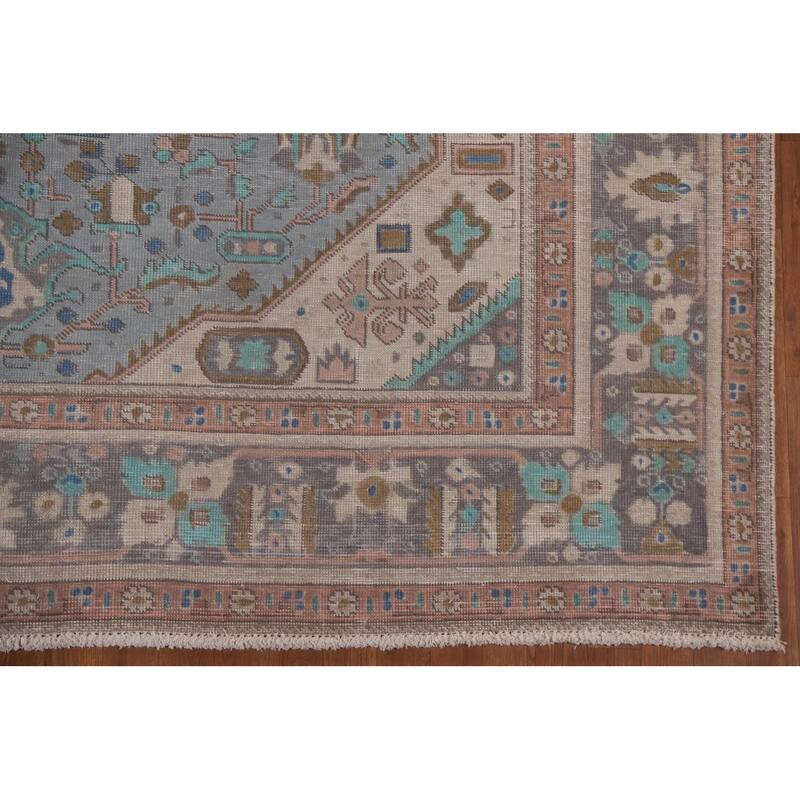 Geometric Blue Tabriz Persian Antique Area Rug Handmade Wool Carpet - 8'0" x 10'10"