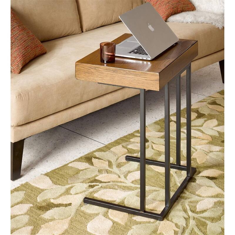 Roomfitters Pull Up Side Table with Hidden Storage, Compact Sofa Snack Table with Metal Base for Living Room or Office, Pecan - Pecan
