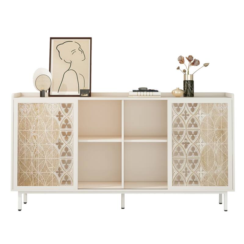 Anmytek Rustic White Accent Cabinet with Geometric Sliding Doors Mid Century Storage Sideboard for Living Room