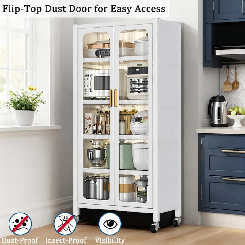 65" Kitchen Pantry Storage Cabinet, 6 Tier Metal Display Storage Cabinet with Transparent Door, Adjustable Shelves & Wheels