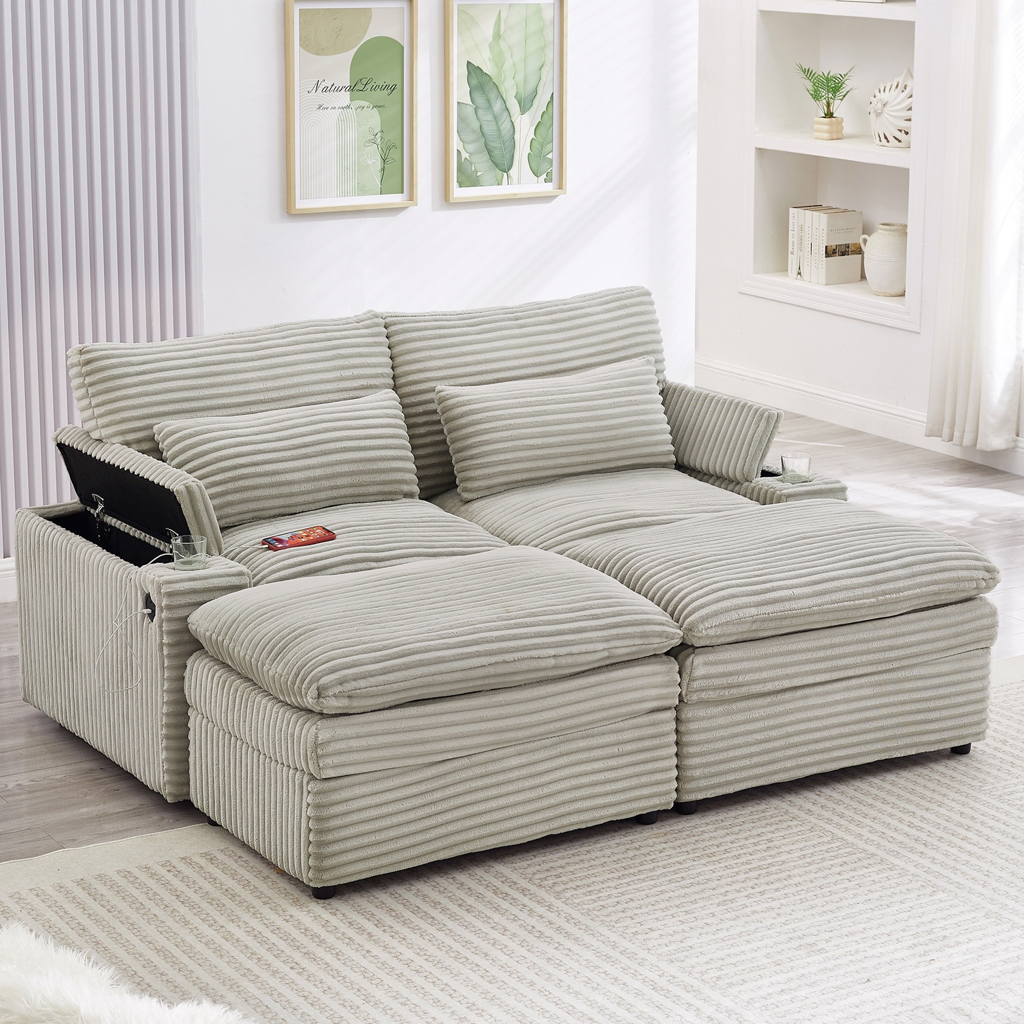 Convertible Corduroy Loveseat with Dual Ottomans by Harper&Bright Designs