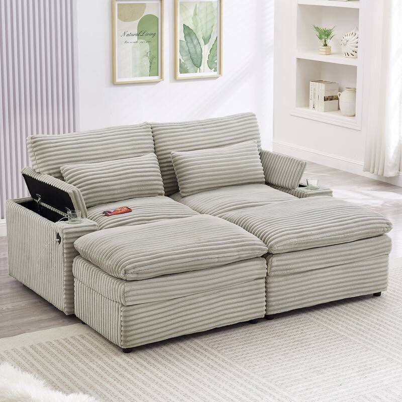 Convertible Corduroy Loveseat with Dual Ottomans by Harper&Bright Designs - Grey