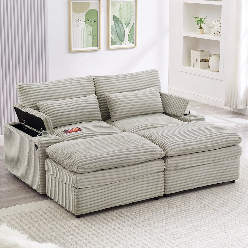 Convertible Corduroy Loveseat with Dual Ottomans by Harper&Bright Designs