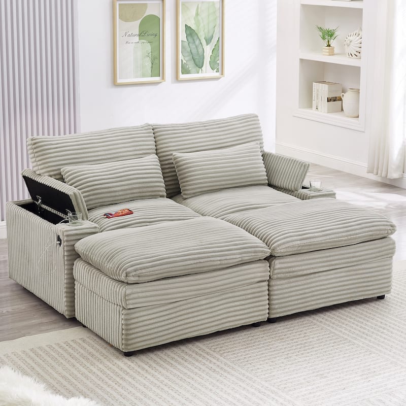 L-Shaped Corduroy Sectional Sofa w/ USB Ports & Cup Holders, 2-seater Sofa Loveseat w/ 2 Ottomans, Convertible Sleeper Sofa Bed