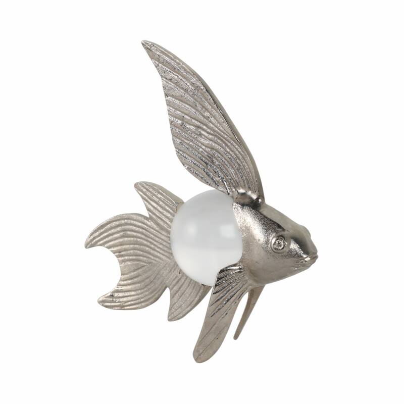 Metal Fish Figurine with Textured Fins and Glass Orb - 9" Silver - 9.5" x 3.5" x 9"