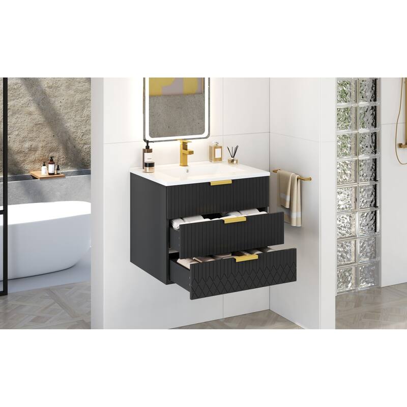 Roomfitters 24 Inch Wall Mounted Floating Vanity, Modern Small Bathroom Cabinet with Ceramic Basin Sink & 2 Sliding Tiers