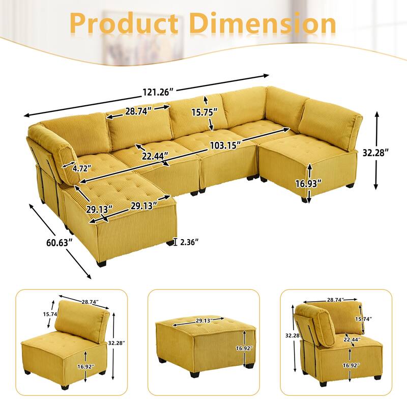 Ergonomic Lounge Modular Couch Corduroy Sectional Sofa with Deep Seat Ottoman Chaise and High-Rebound Thick Cushions