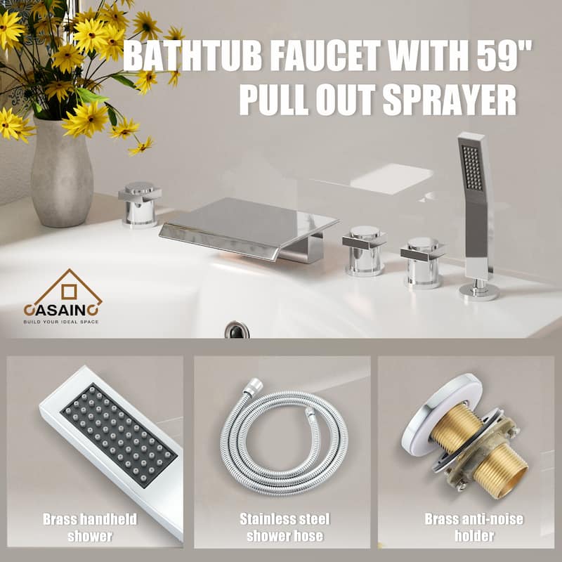 3-Handle Deck-Mount Bathtub Faucet Waterfall Roman Tub Faucet with Hand Shower
