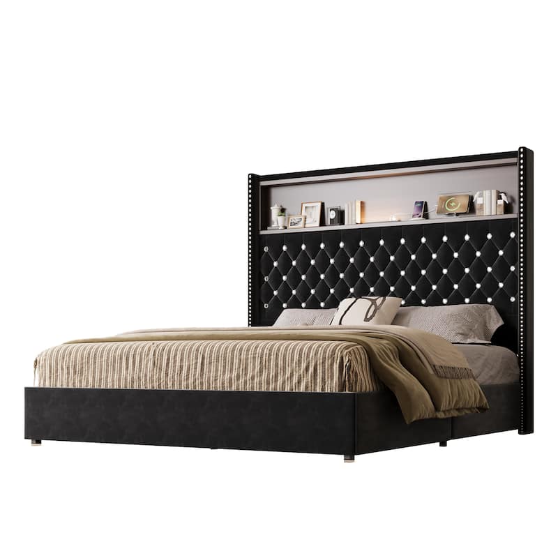 Queen Size Platform Bed Frame Tall Full-backed Headboard Velvet Tufted Upholstered Bed with Wingback USB Charging & Night Light