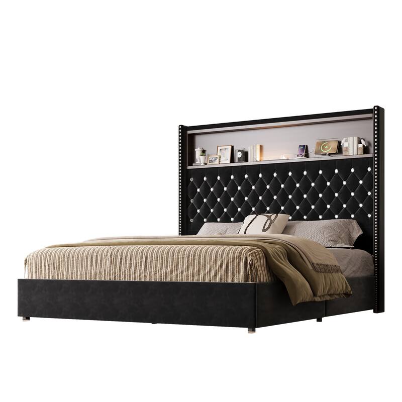 Velvet Tufted Wingback Bed Frame with Rivet Decoration Headboard Built-in Shelf USB Port and Night Light, Soft Platform Bed