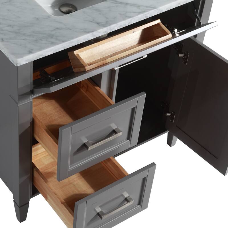 Vanity Art 36-Inch Single Sink Bathroom Vanity Set Carrara Marble Stone Top 3 Drawers 1 Shelf Undermount Sink with Free Mirror