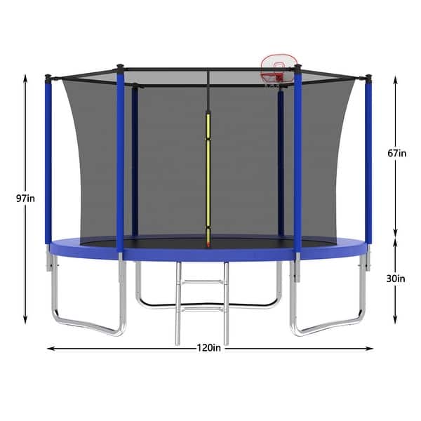dimension image slide 1 of 3, 10 ft. Round Outdoor Trampoline with Safety Enclosure Net and Ladder