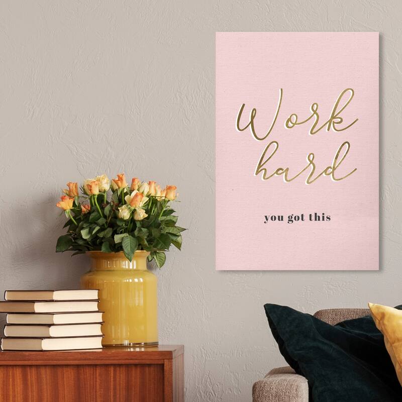 Wynwood Studio 'Work Hard Blush' Typography and Quotes Wall Art Canvas Print Motivational Quotes and Sayings - Pink, Gold