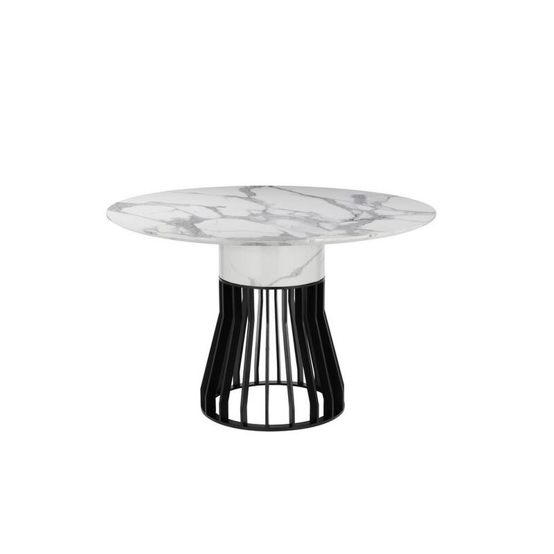 Jett 47 Inch Dining Table, White Round Marble Top, Metal Cage Frame Base
