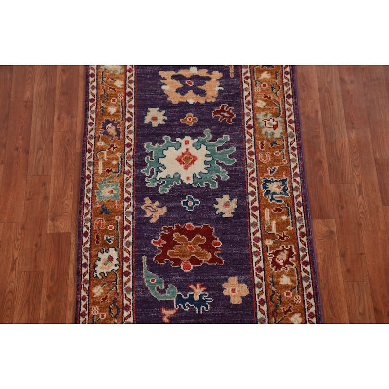 Hand Knotted Oriental 100% Wool Carpet Transitional Floral Purples Oushak Runner Rug - 9' 11'' X 2' 8''