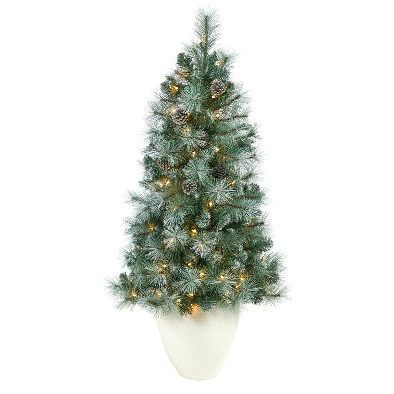 4’ Pre-Lit Potted Brit Columbia Pine Artificial Christmas Tree, Clear Lights - 4 Foot