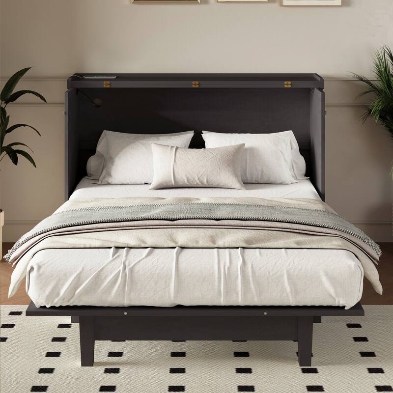 Gray Queen Size Solid Pine Murphy Bed with Charging Station & Storage Drawer