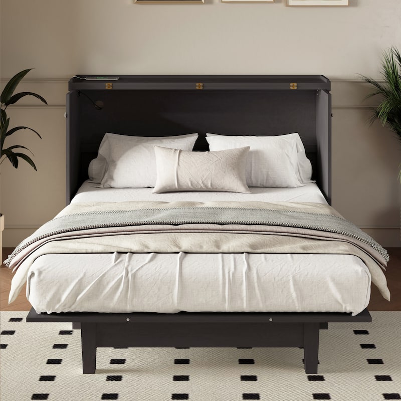 Solid Pine Murphy Bed Chest Cube Cabinet Bed with Charging Station and Large Storage Drawer for or Small Room,Full