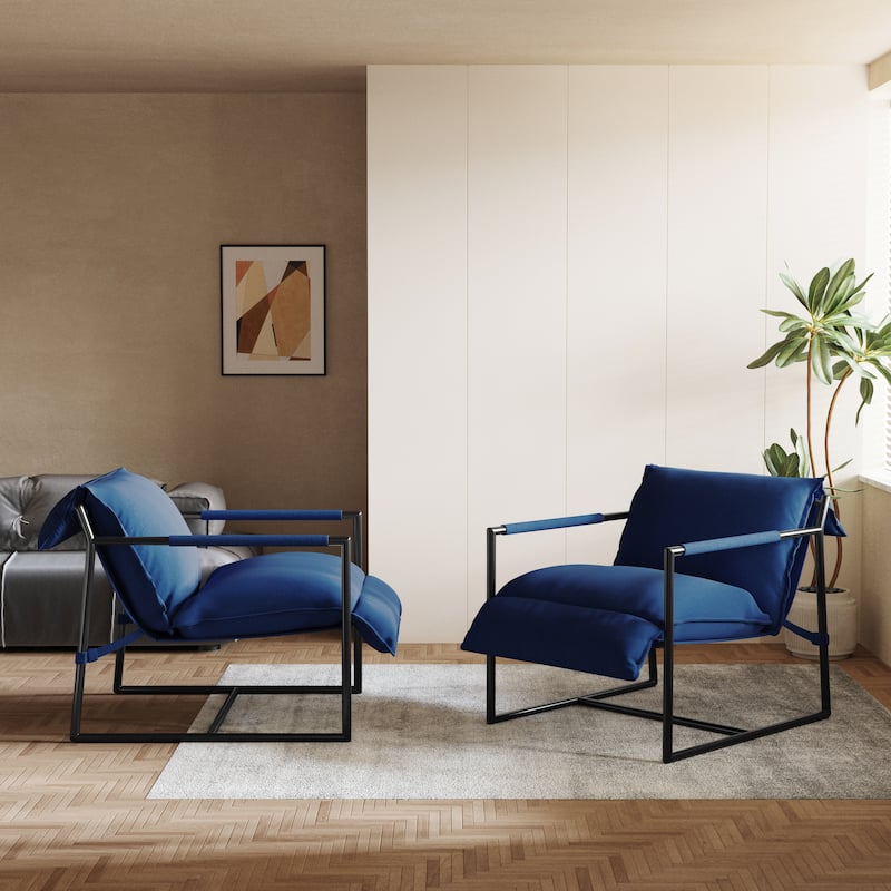 Mid-century Metal Sling Armchair with Lengthen Upholstered Set of 2 - Blue
