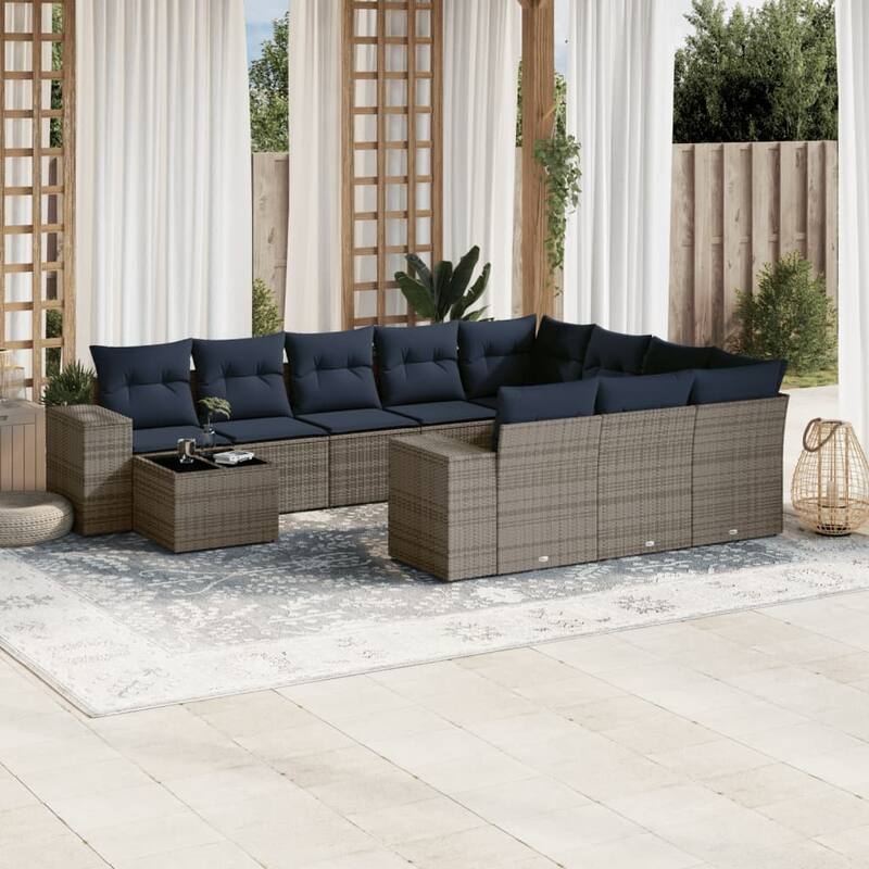 vidaXL 11 Piece Patio Sofa Set with Cushions Black/Brown/Gray Poly Rattan - 24.4 x 24.4 x 27.2