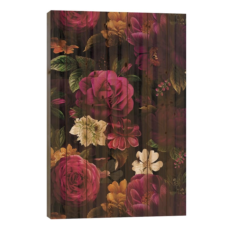 Lush Midnight Baroque Flower Garden X Print On Wood by UtArt - Multi-Color - 26x18x1.5