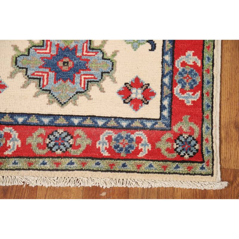 Ivory Geometric Kazak Oriental Foyer Rug Hand-Knotted Wool Carpet - 2'0"x 3'0"