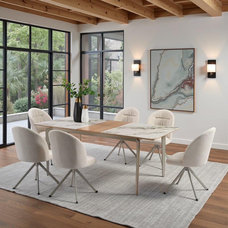 Honey Contemporary 7-Piece Dining Set with Dark Wood and Black Sintered Stone Table Top, and Upholstered Armchairs - Cream