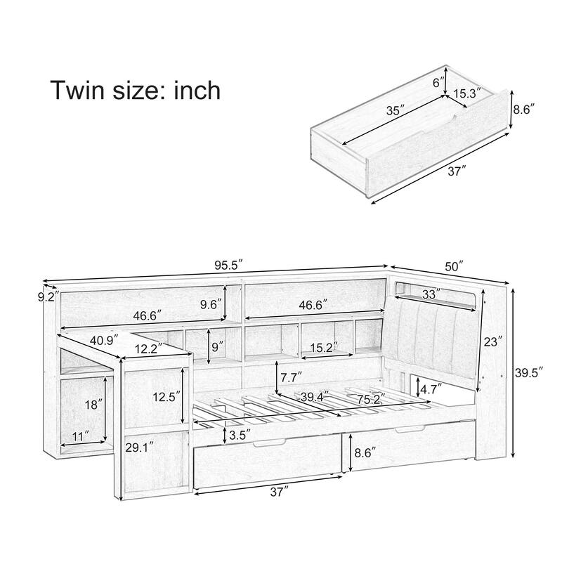 L-shaped Bookcase Daybed Wooden Corner Bed Twin Size Bed Built-in Work Desk, Hidden Headboard Storage, Under-bed Drawers, LED