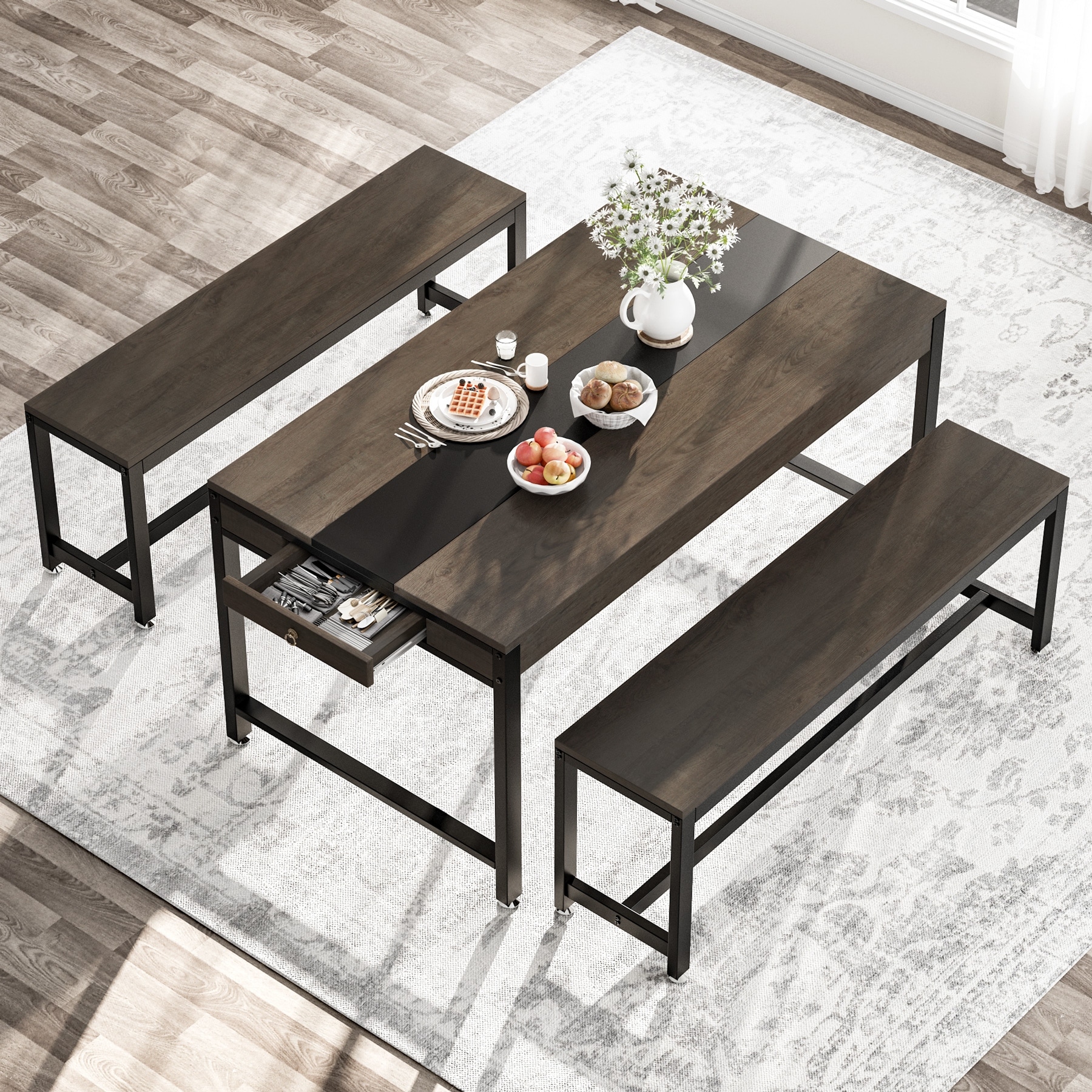 3 Piece Industrial Dining Table Set with Bench and Sided Drawer