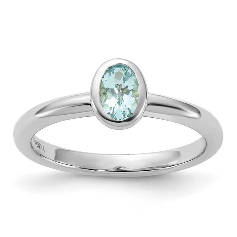 Curata 925 Sterling Silver Bezel Polished Stackable Expressions Oval Aquamarine Ring